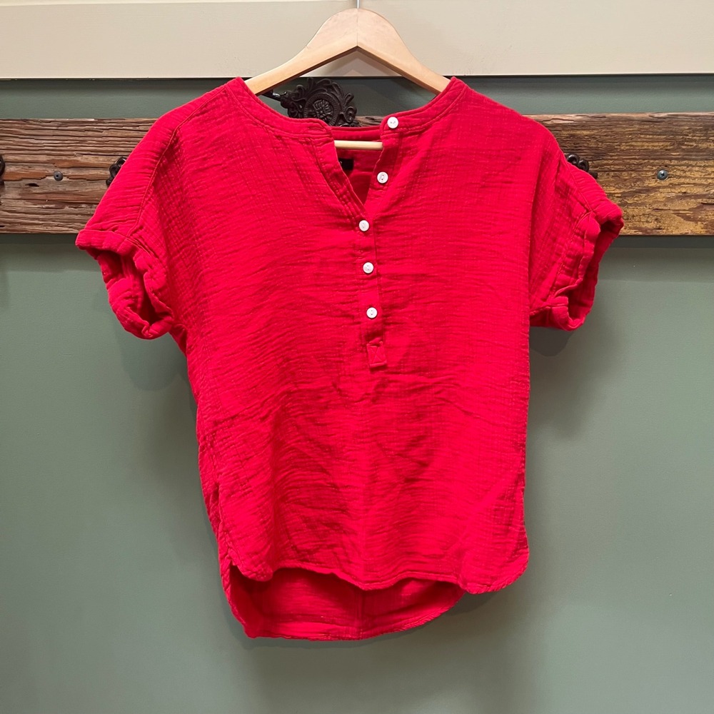 Quince Red 100% Organic Cotton Double Gauze Henley Short Sleeve Top XS